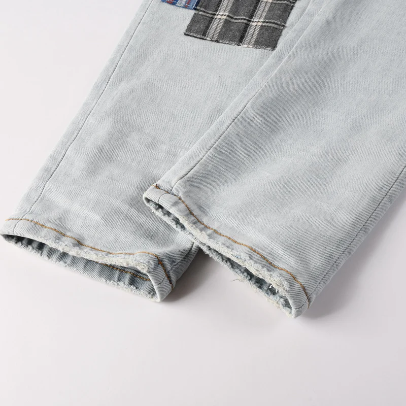Designer High Street Fashion's new men's jeans y2k washed nostalgic patch perforated light blue jeans hip-hop brand spliced pant