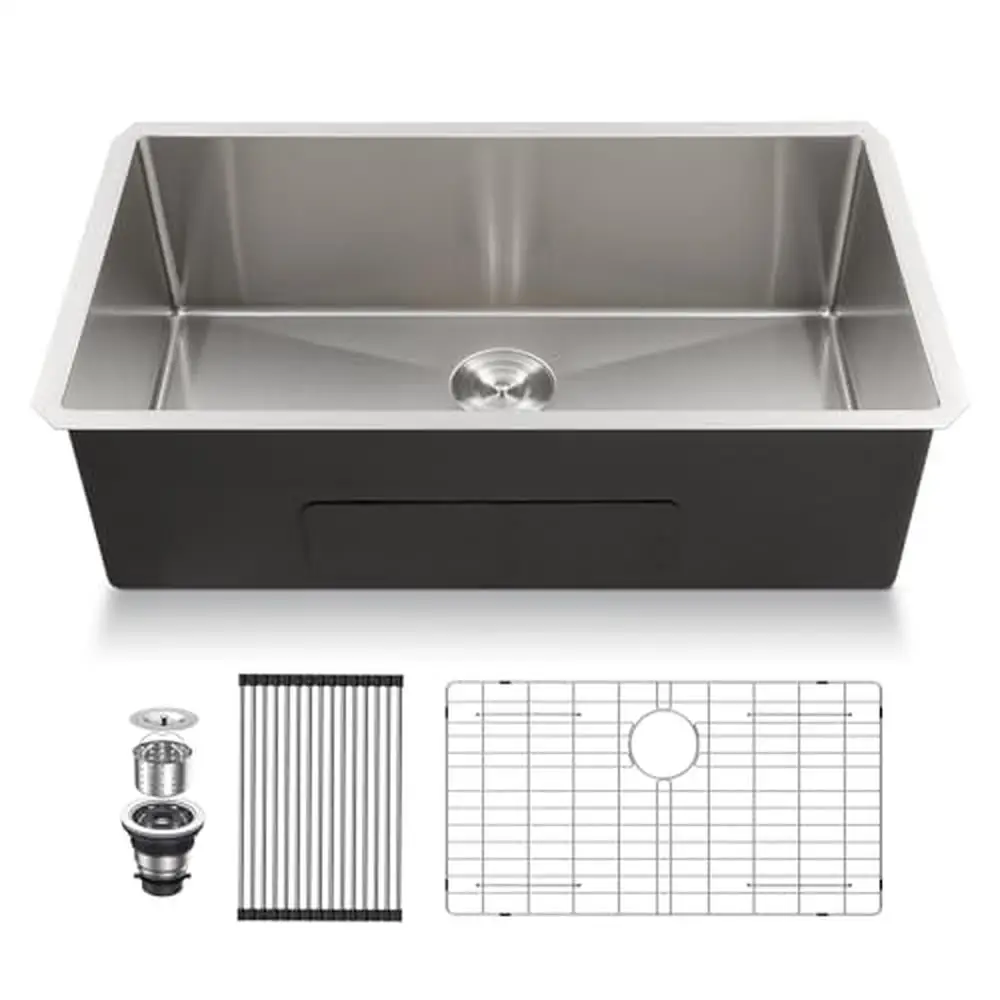 Premium 33x19x10 Stainless Steel Single Bowl Kitchen Sink Set with Rinse Grid Durable 16 Gauge Undermount Sink Easy Cleaning and