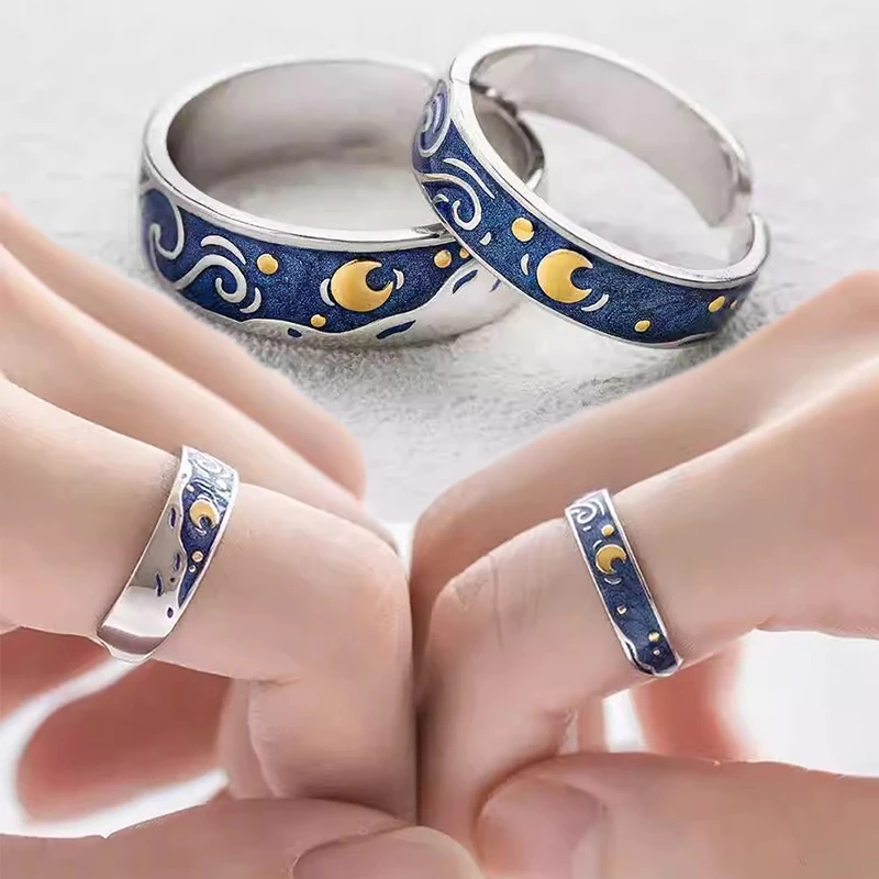 Couple Creative Van Gogh Starry Sky Rings Set Night Star Moon Open Ring for Women Men Lovers Wedding Finger Sliver Ring Jewelry