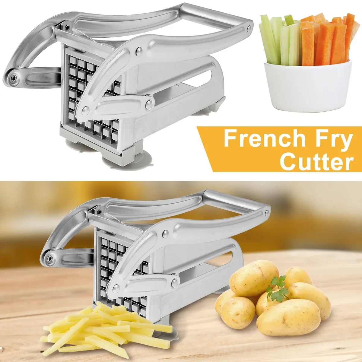 

French Fry Cutter Stainless Steel Potato Chipper Fast Cutting Potato Chip Cutter with 36/46 Holes Blades Manual Food Slicer