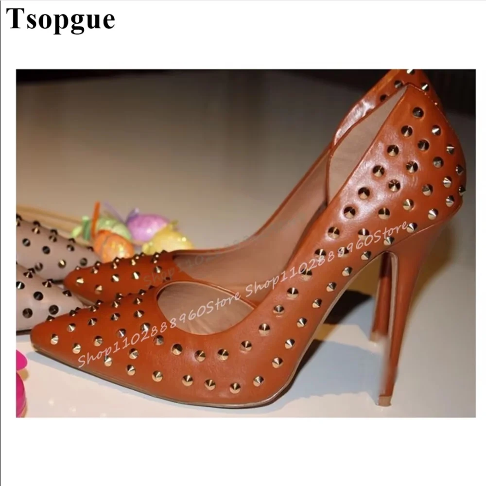 

Brown Side Empty Matte Leather Rivet Pumps Thin High Heel Shoes For Women Slip On Pointed Toe Sexy Stylish Fashionable Pumps
