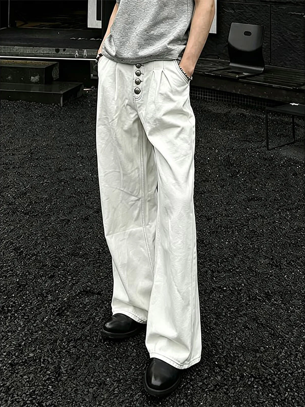 White Men's Slim Fit Jeans Double Pleat Button Design Thin American Fold Design High Sensation Knife  Pants Straight Leg ...