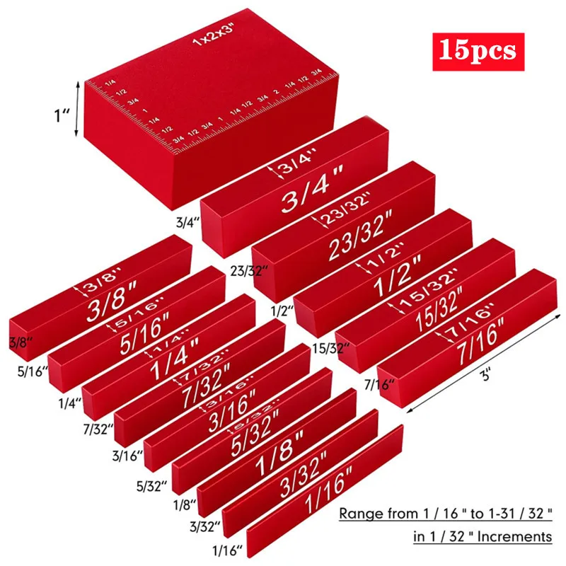 

15Pcs Inch Setup Blocks Height Gauge Set Precision Aluminum Setup Bars for Router and Table Saws Woodworking Tools