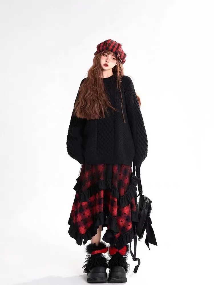 2024 New Women's Korean Y2K Patched Checkered Mesh Skirt Fashionable and Elegant Irregular High Street All match A-line Skirt