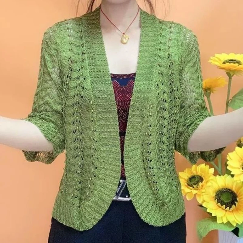 

Spring Summer New Ice Silk Knit Cardigan Middle-Aged Elderly Mothers With Beading Joker Solid Color Shawl Hollow Sunscreen Coat