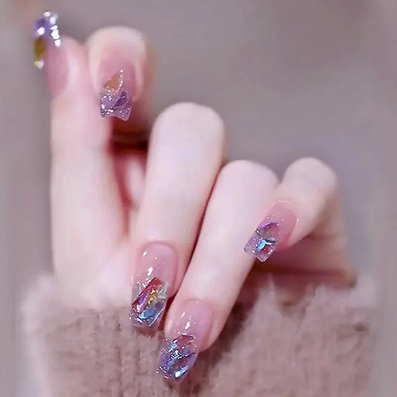 24Ps/Set Wearing Short Fake Nails Finished Ballet Diamond Aurora Glitter Press on Nails Art Clips Flash Acrylic Nails False Uñas