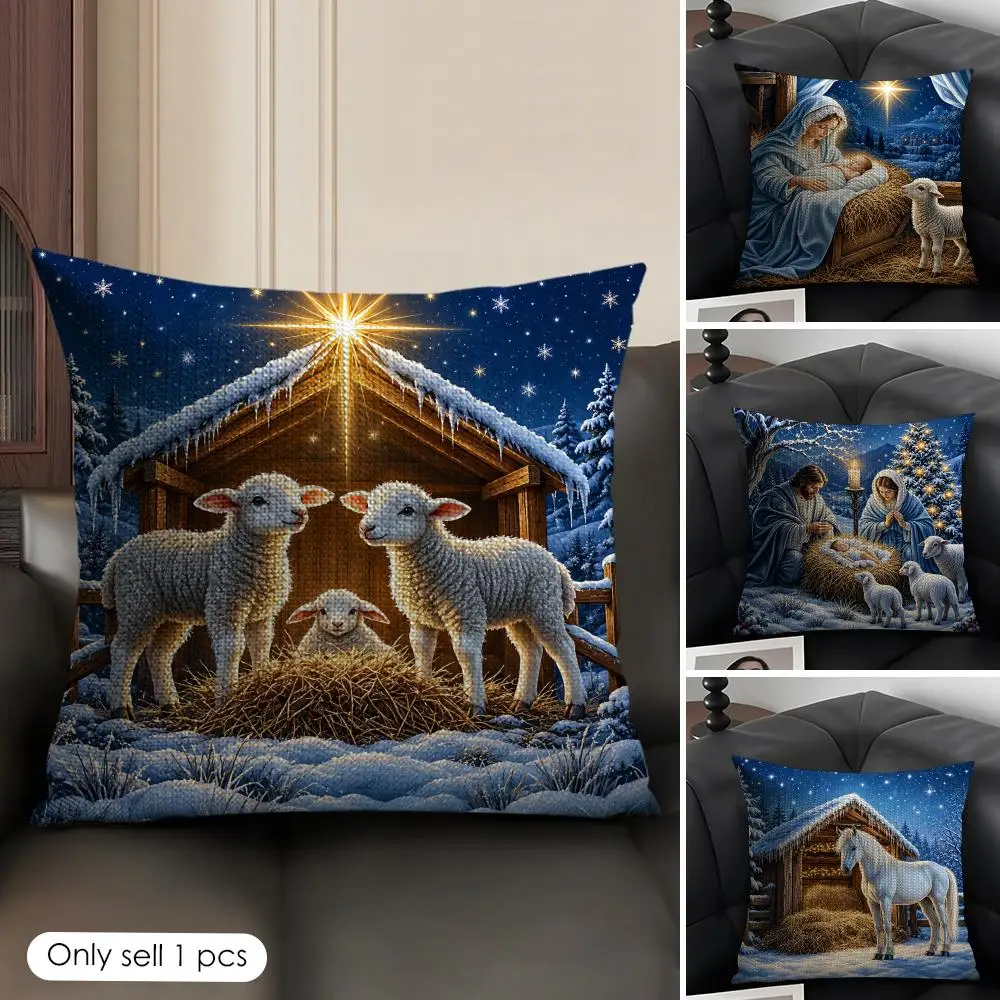 Nativity Winter Scene Cushion Cover Natural Linen Organic Fabric Double-Sided Printing Breathable Perfect Gift For Decor