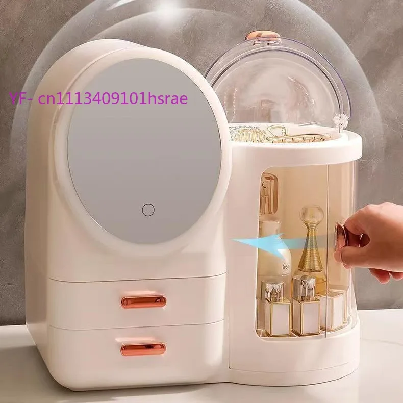 Large Capacity Cosmetic Storage Box with LED Light Mirror Makeup Organizer Desktop Vanity Storage Holder