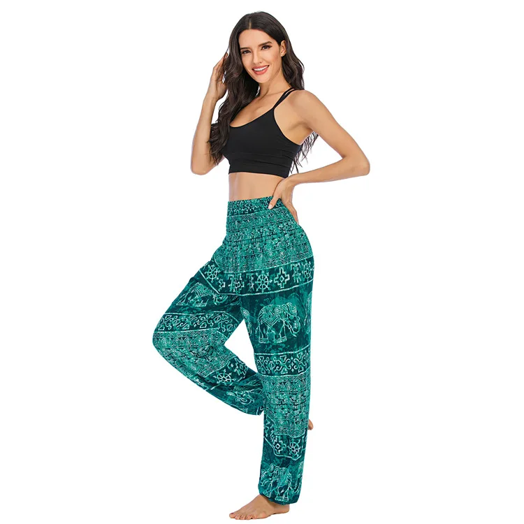 Thai Myanmar Water Ink Elephant Silk Thin Soft Drape Yoga Pants Lantern Pants Women's Dance Casual Long Pants High Waist Wide...