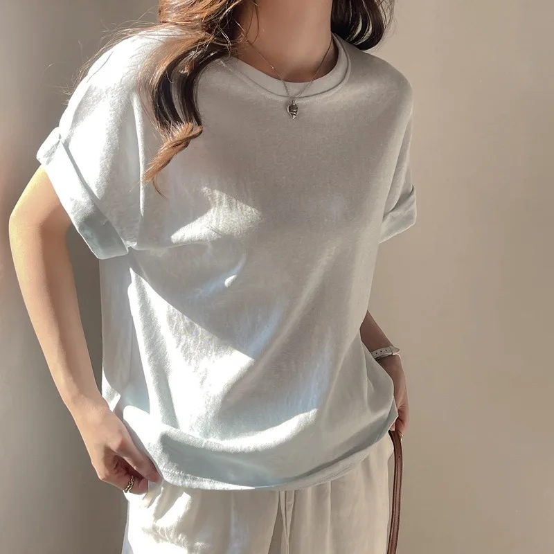 Women's Korean Lazy Loose Rolled Short Sleeve Crew Neck Casual T-shirt Summer Basic Top