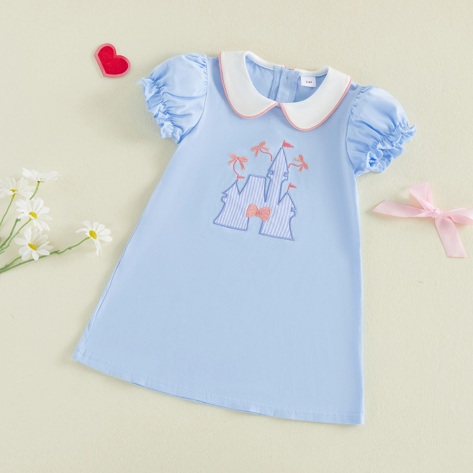 Cute Kids Gir Casual Dress Short Sleeve Doll Collar Embroidery Bowknot Summer Dress Costume Clothes