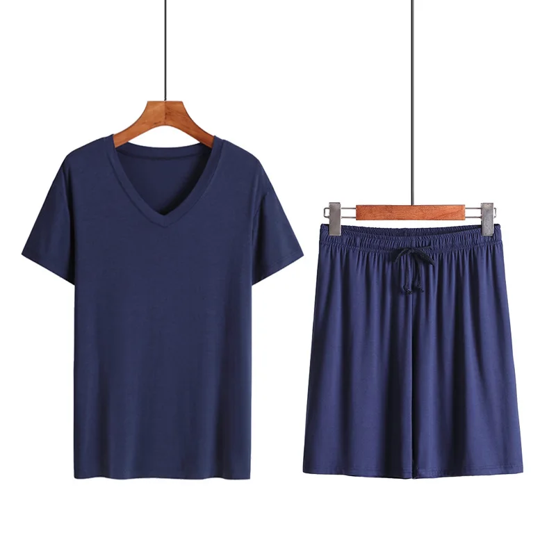 Modal ผู้ชายฤดูร้อน Homewear แขนสั้น V คอเสื้อยืดกางเกงขาสั้น 2 ชิ้น Thin Plus ขนาดชายชุดนอนชุดนอนเสื้อผ้า