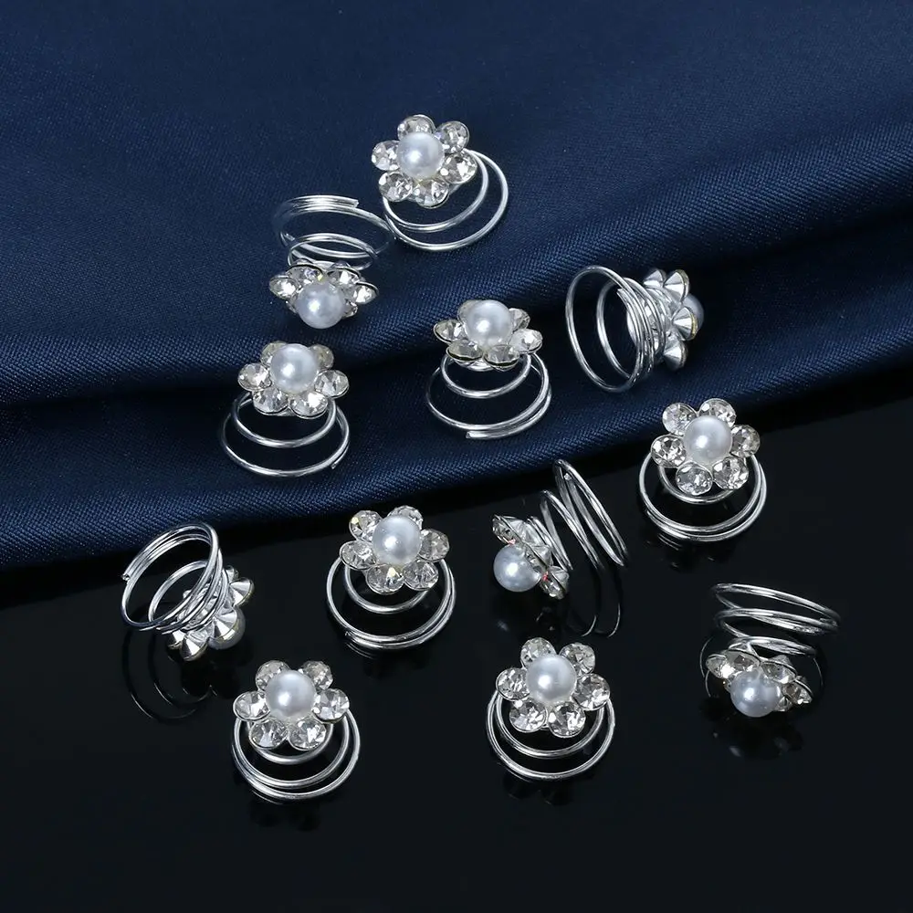 12PCS Crystal Pearl Flower Spiral Twist Hair Pins Clips Wedding Jewelry Bride Headdress Women Hair Styling Accessories