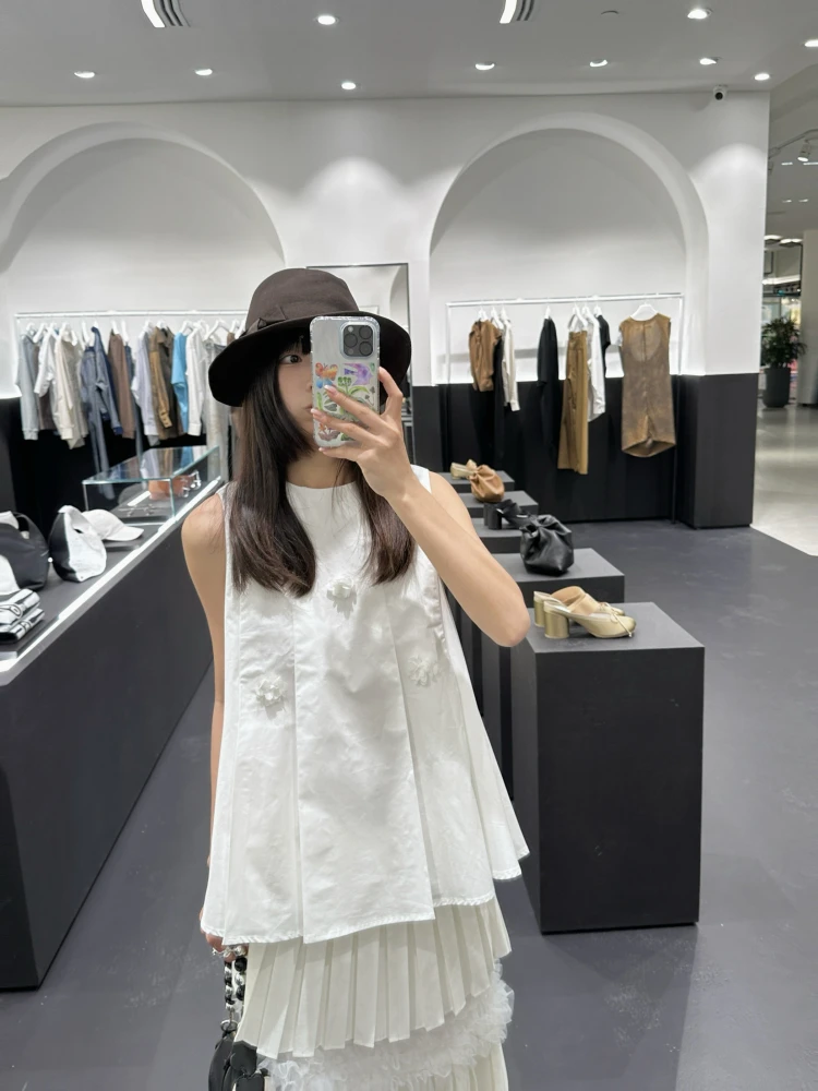 

Insectis Women's Loose Summer Top Svel Pleated Floral 3D Print Casual Cotton Vest for Commuting Summer Wear