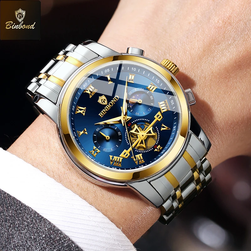 BINBOND модные трендовые мужские кварцевые часы со светящейся стрелкой, хронограф с фазой Луны, водонепроницаемые оригинальные мужские часы из нержавеющей стали