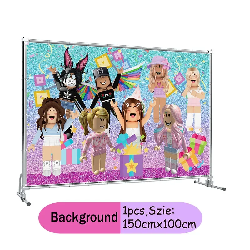 Purple Pink Robloxed Cartoon Birthday Background Party Decoration Items Shoot Venue Layout Props Birthday Decor Curtain Props