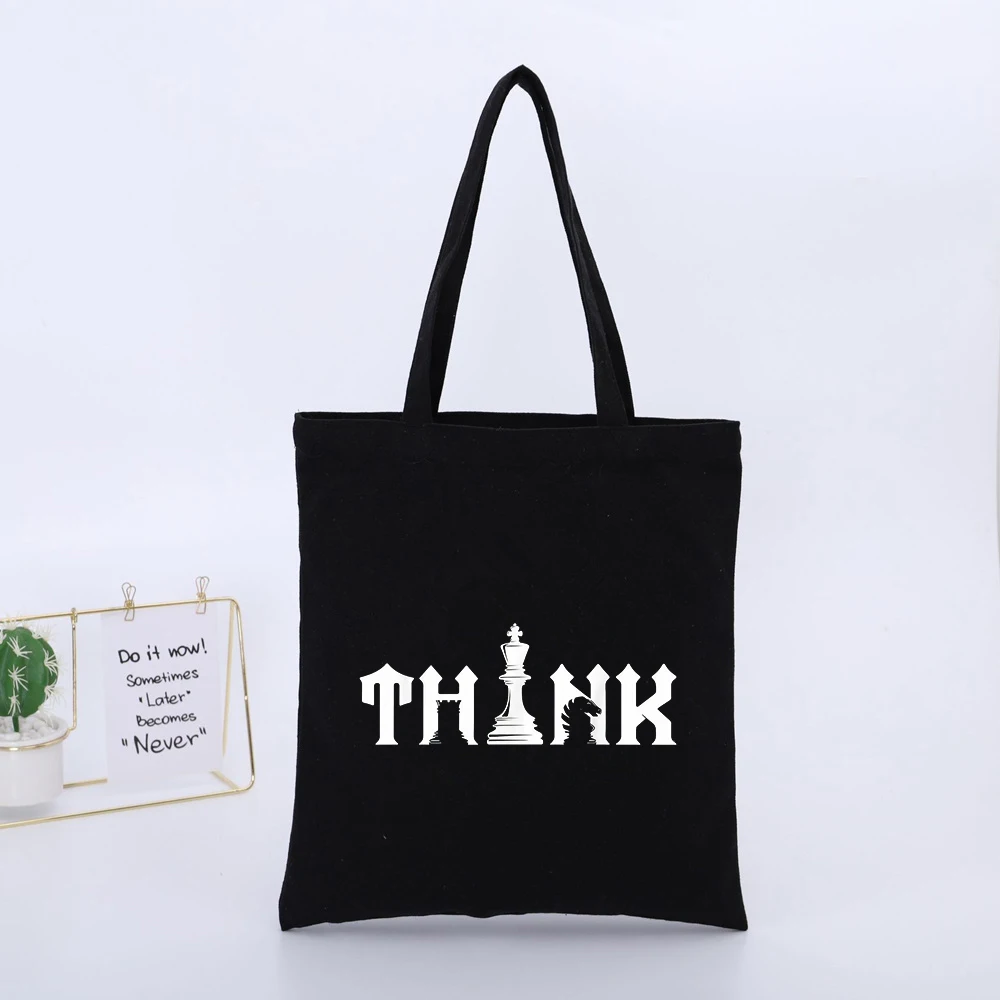 Chess Piece Typography Print Canvas Tote Bag, Urban Style for Daily Shopping and Casual Outings