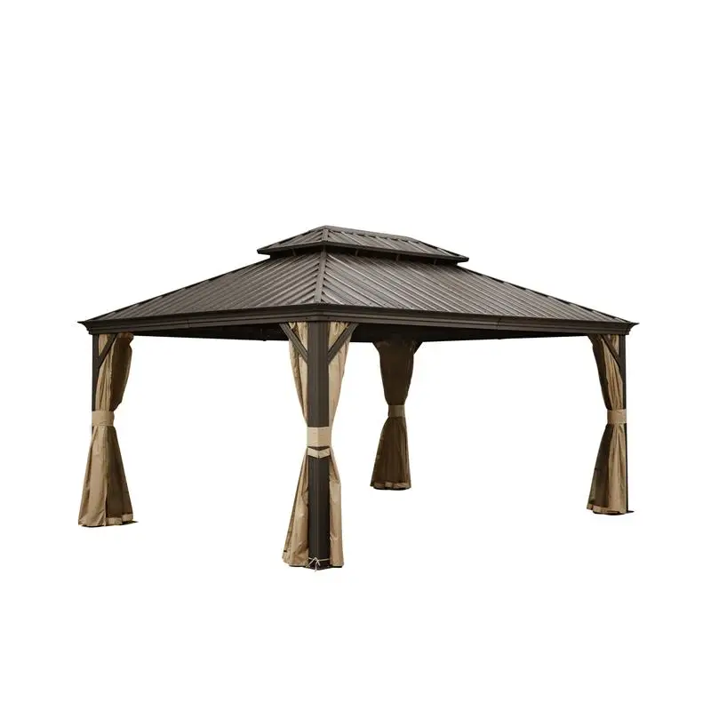 

12' x 16' Hardtop Aluminum Gazebo with Steel Double Canopy for Patios, Decks, and Backyards, Includes Curtains & Netting