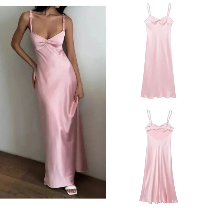 Pink Satin Sling Prom Maxi Dress Women Sexy Chic Backless Sleeveless Slim Robe 2024 Fashion Evening Party Suspender Long Dresses