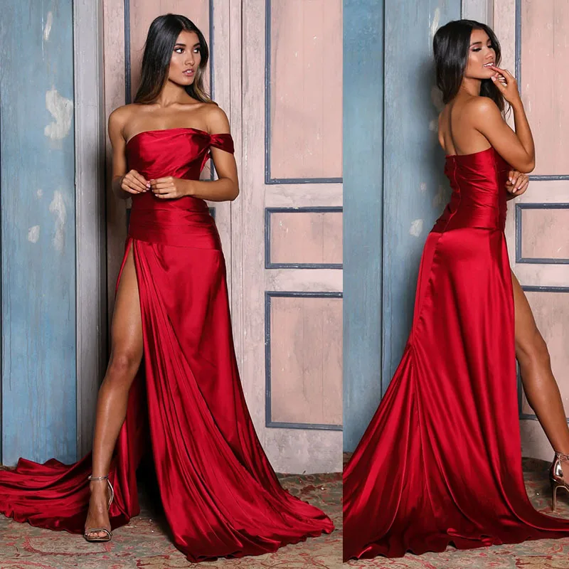 Sexy Red Satin Off The Shoulder Bridesmaid Evening Dress Elegant Backless Mermaid Women Party Dress Fashion Slit Robes De Soirée