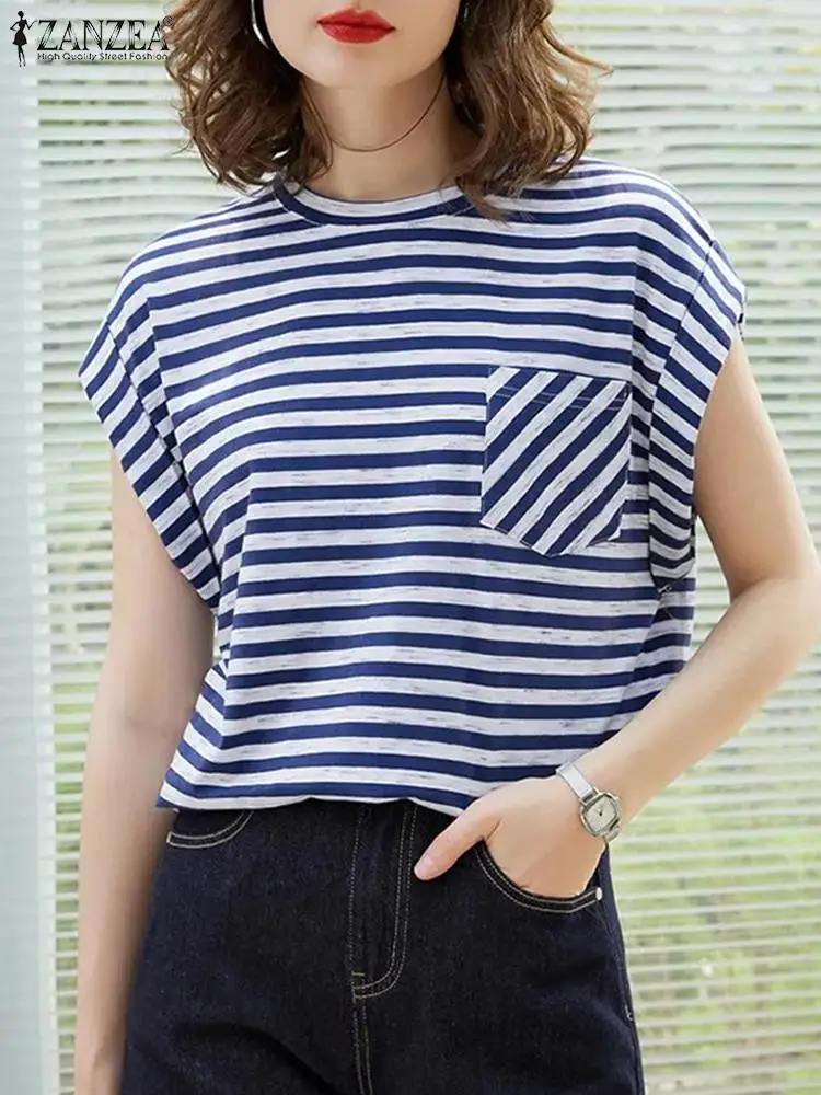 Fashion Summer Blouse Women Elegant O Neck Short Sleeve Striped Shirt ZANZEA Casual Office Work Tops Loose OL Blusas Chemise