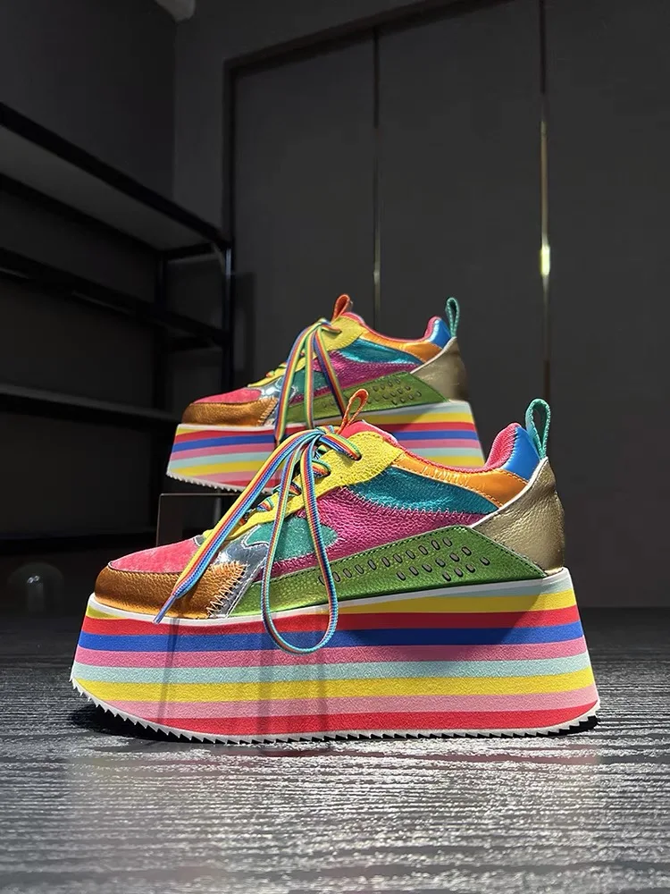 Primavera autunno donna Sneakers colorate scarpe alte con plateau tacchi grosso Casual papà scarpa vera pelle fondo spesso moda nuovo
