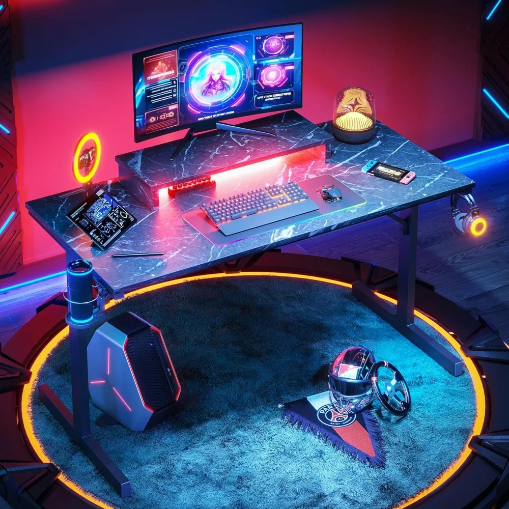 

Gaming Desk with LED Lights, 42 inch Computer Desk with Monitor Stand Gamer Workstation with Cup Holder & Headset Hooks, Modern