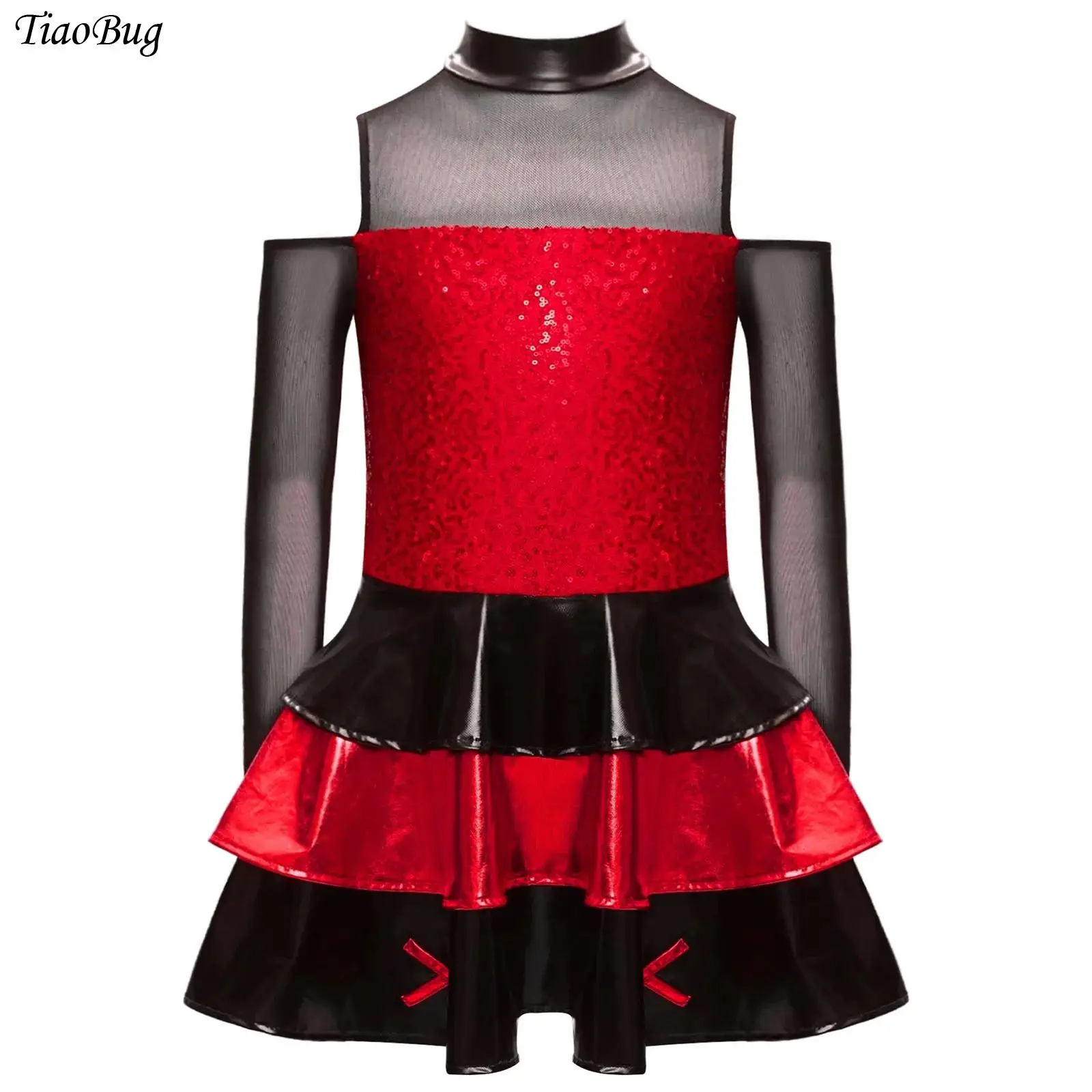 

Girls Long Sleeve Sequin Jazz Dance Dress Cold Shoulder Tiered Ruffle Ballet Skating Dress Hiphop Chacha Ballroom Dance Costume