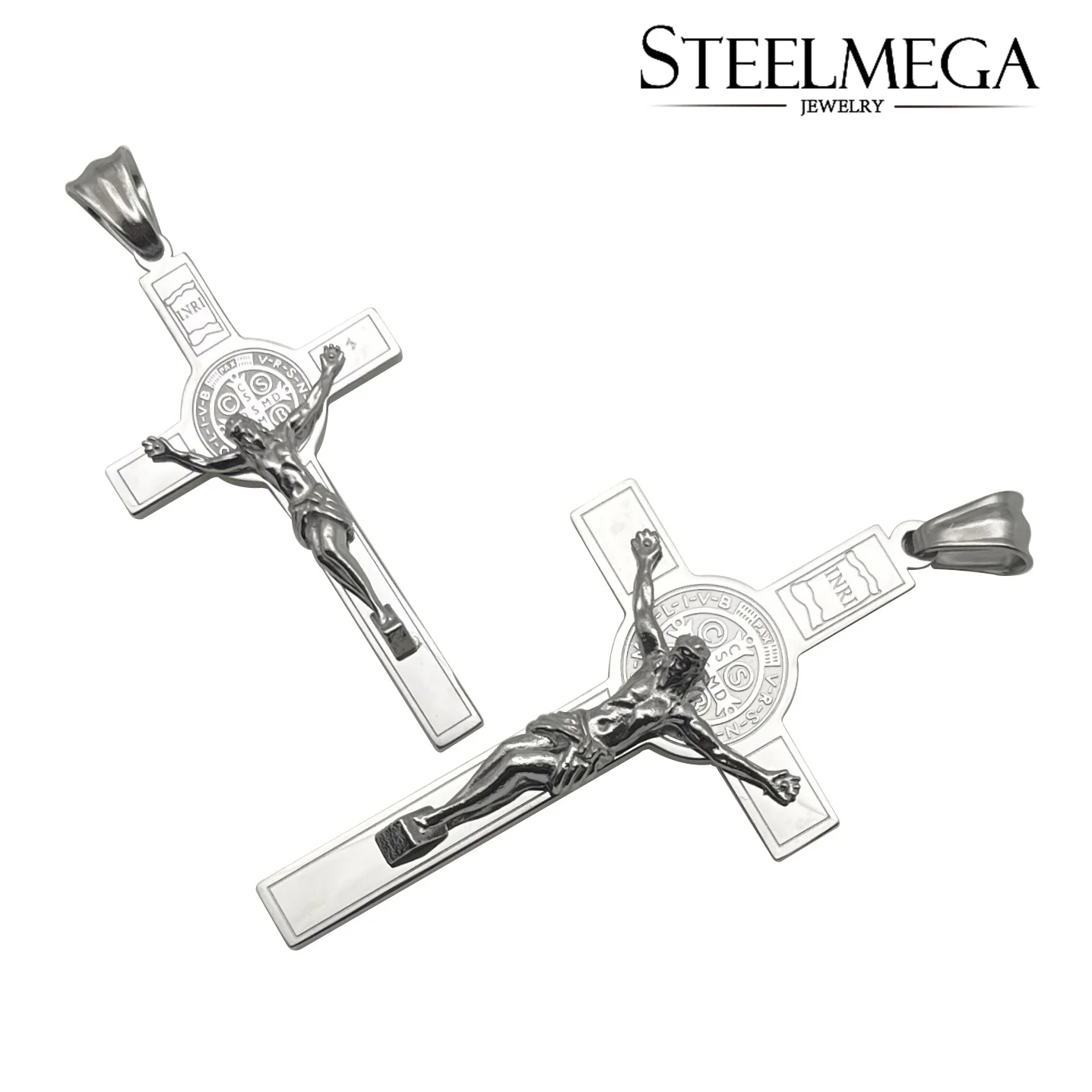 STEELMEGA Stainless Steel Catholic Pendant of Crucifix with Saint Benedict Medal