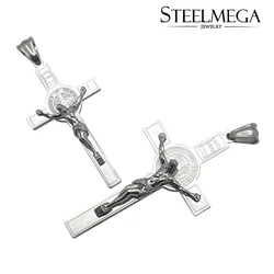 STEELMEGA Stainless Steel Catholic Pendant of Crucifix with Saint Benedict Medal