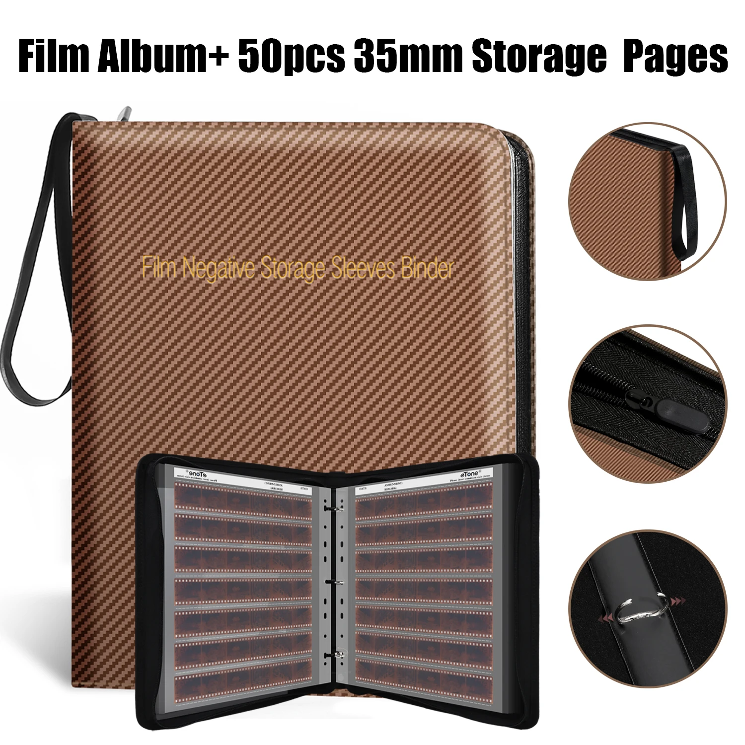 New eTone Brown Portable Film Negative Sleeves Binder Zipper Album with 50pcs 35mm 135 Acid-Free Storage Pages