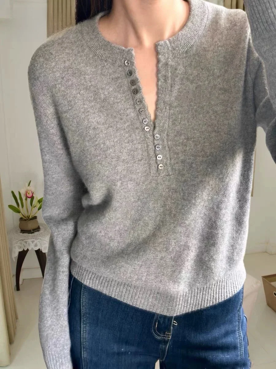 Minimalist Style Women's V-Neck Pullover Sweater Loose Lazy Knitted Shirt Autumn New Button up Top Warm Soft Long Sleeve Pure...