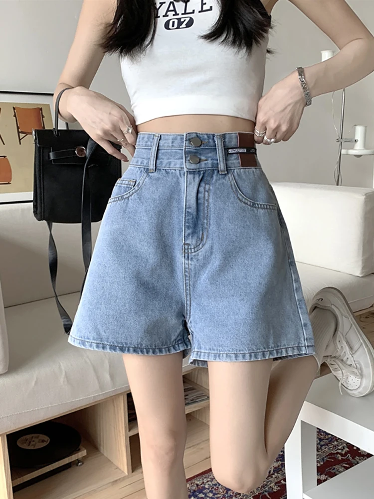 High Waist Denim orts Women's Thin New Autumn Large Size Fat MM Slim Small A-Line Wide Leg Hot Pants Summer Blue Color