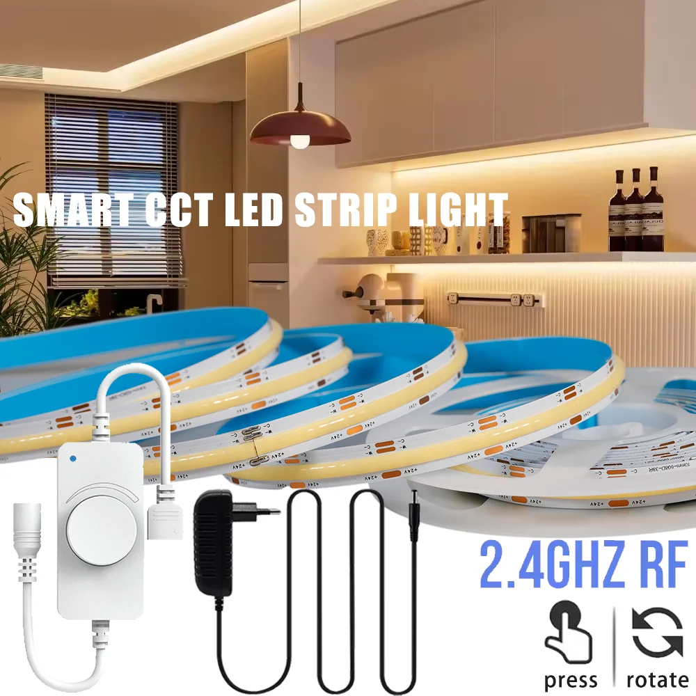 1M-5M 2.4G CCT COB LED Strip DC 24V Double Color LED Tape Linear 2700K-6500K RA90 Knob Touch LED Dimmer Switch Room Decoration