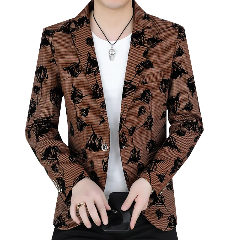 Summer New Youth Men's Business Casual Suit Printed Jacket Suitable for Mens Bar KTV Stage Performance Flower Blazers