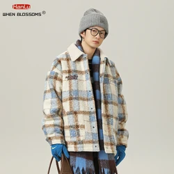 HANLU Brand Vintage Stripe Fleece Jackets Winter Warm Woolen Coat Streetwear Women Men Lined Plaid Jacket Harajuku Fashion