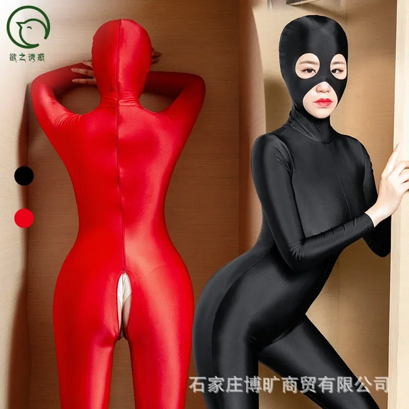 Sexy Women Zip Open Crotch Bodysuit Oil Shiny Catsuit Elasitc Sexy Tight Nylon Gloosy Bandage Bodycon Jumpsuit Nightclub Cosplay