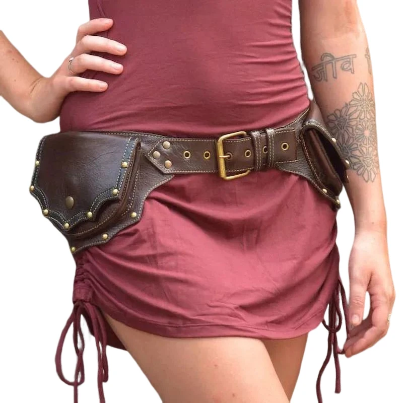 Women's Waist Bag Medieval Steampunk Pu Leather Belt Bag Retro Cosplay Costume Props Rivet Mountain Climbing Outdoor Sports Bag