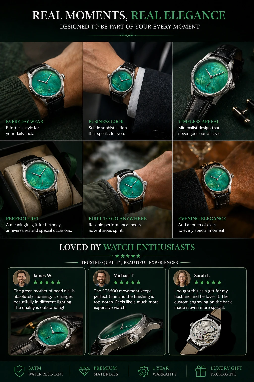 Custom Logo Mechanical Watch 42mm Seagull ST3600 Hand Wind Sapphire Crystal Green Mother of Pearl Dial Gift Men