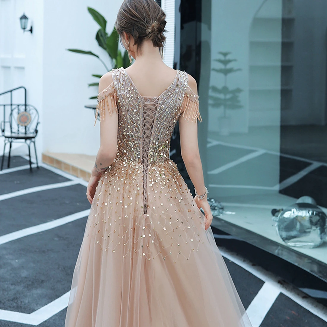 Vestido de graduación elegante con cuentas hasta el suelo, línea A, cuello redondo, Sexy, vestidos de graduación