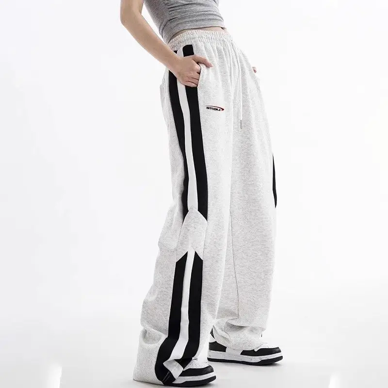 Women\'s Autumn Winter New England Elastic High-waisted Drawstring Patchwork Contrast Color Pockets Striped Straight Casual Pants
