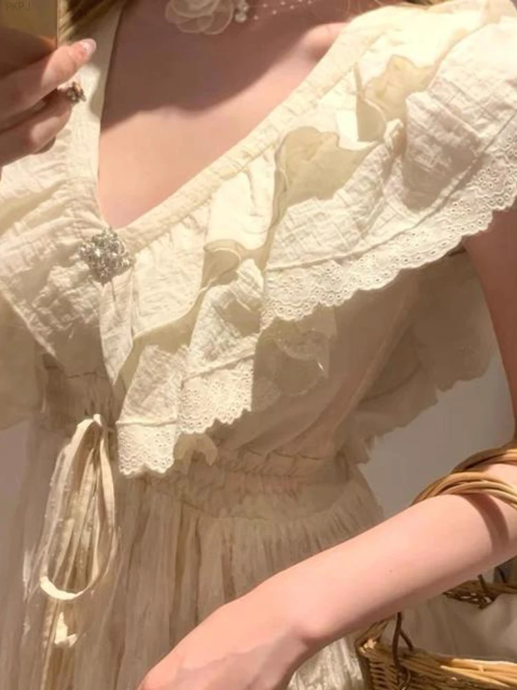 Apricot Elegant Evening Party Midi Dress Women V-neck Korean Cake Dress Female Lace Sleeveless Vintage France Dress 2024 Summer