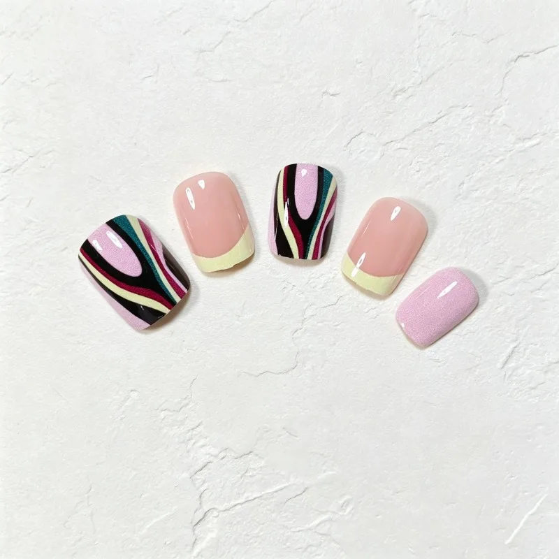 24PCS Nude Pink Square Press on Nails with Yellow French Tip and Multicolor Swirl Print Y2K Retro Style for Women False Nails