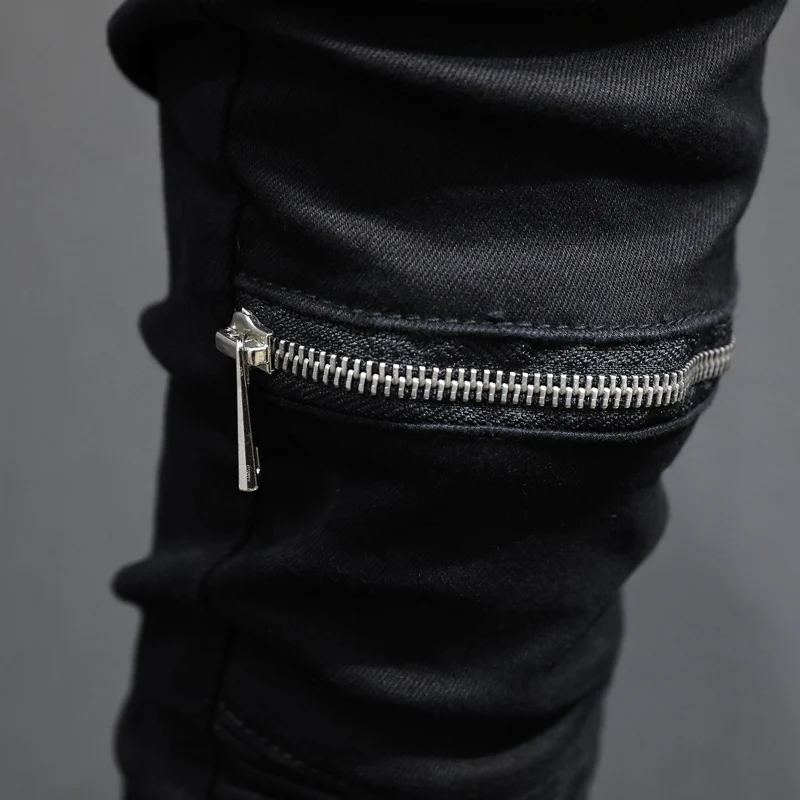 Men's Street Fashion Retro Y2K Washed Slim Fit Black Jeans Elastic Waist Split Leather L Zipper Decoration Designer Hip Hop