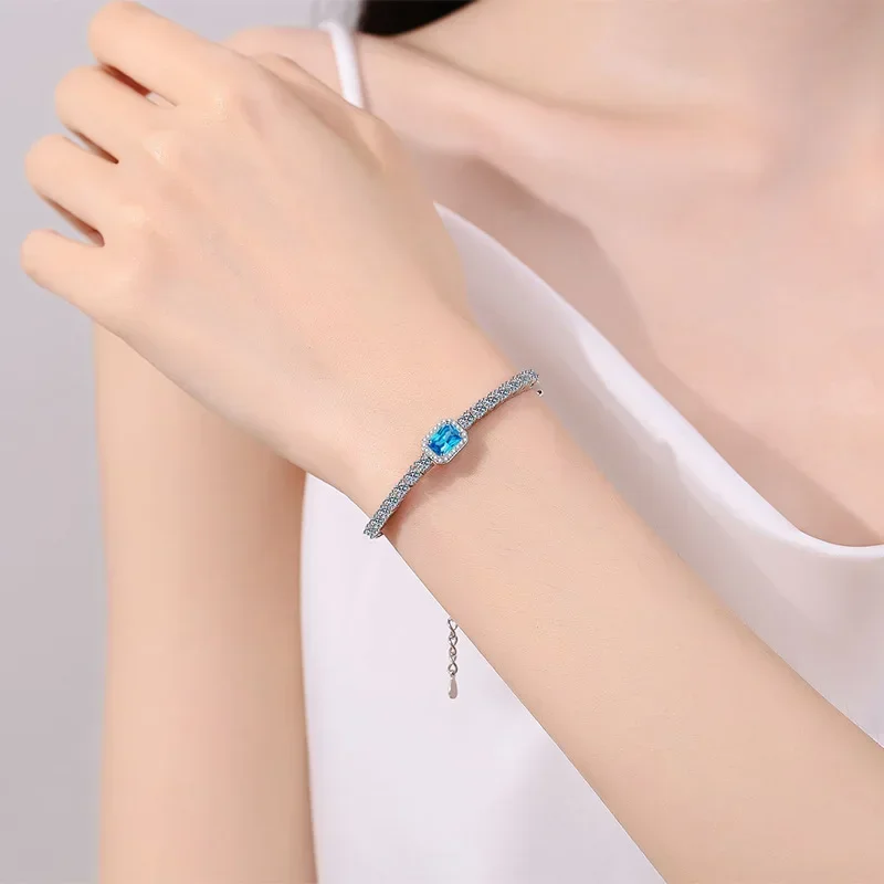 Elegant Sparkling Platinum PT950 Chain Bracelet, Designer Hand Make Total 2.4ct D Color Real Blue Moissanite Bracelets for Women