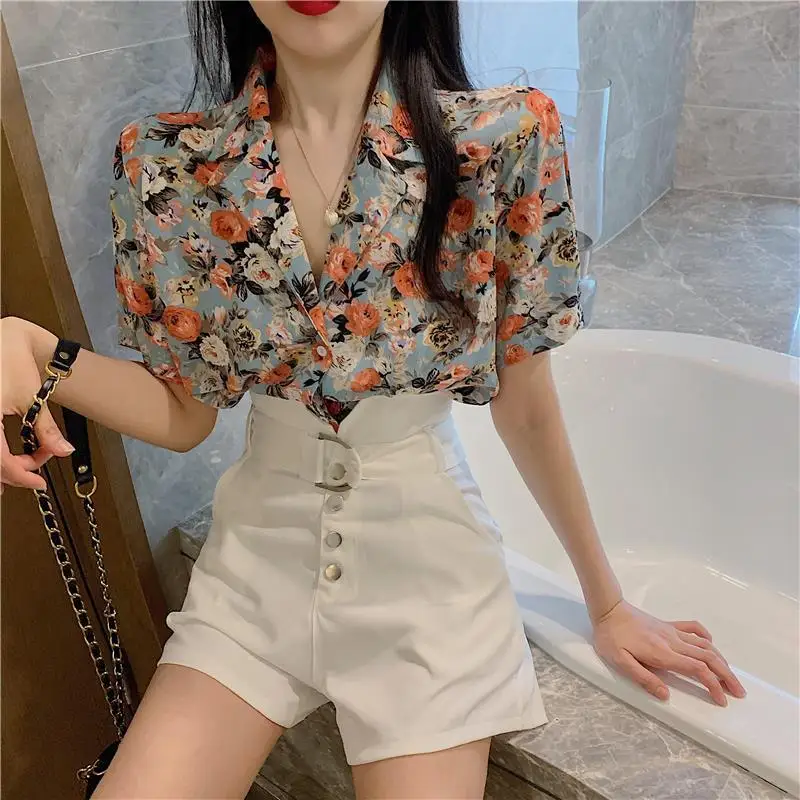 Youth Casual Floral Loose Top Pretty and Cheap Women\'s Blouses Chiffon Short Sleeve Vintage Blue Preppy Woman Buttoned Shirts