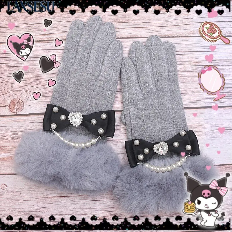 Japanese Sweet and Cute Girl's Glove Furry Handmade Beaded Bow Touchscreen Split-finger Gloves Autumn Winter Gloves for Women