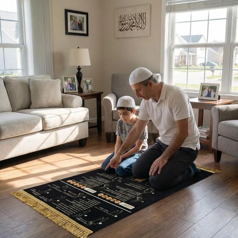 Foldable Step By Step Educational Prayer Mat Visual Instructions Non-Slip Bilingual Guided Prayer Mat Portable Guided Prayer Mat