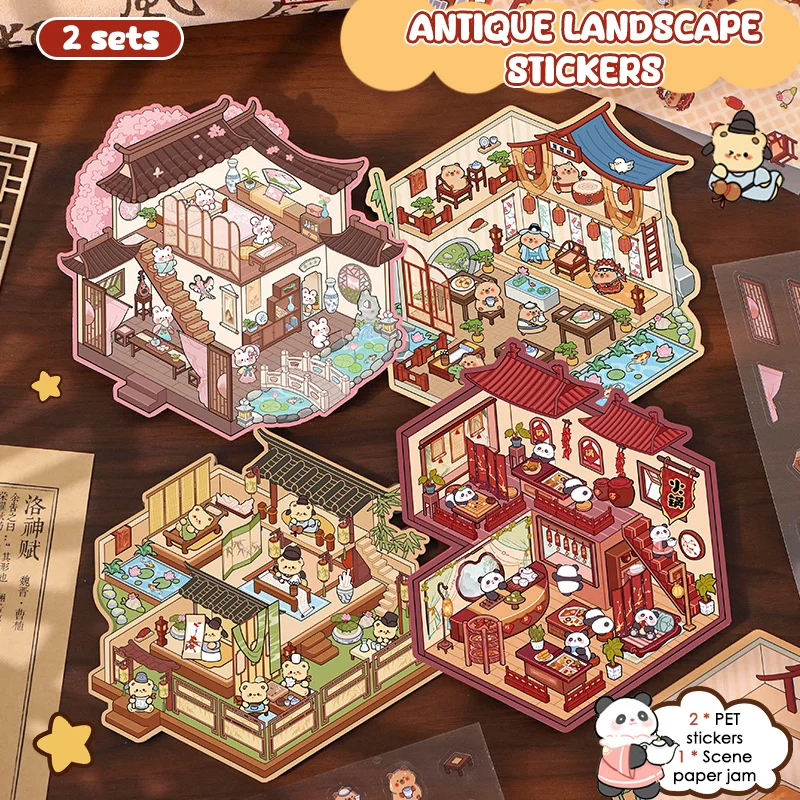 2 Sets Cartoon 3D Landscaping Stickers Cabin Scene Stacking Pasting Sticker Cute Miniature Life Scene Stickers Festival Gifts