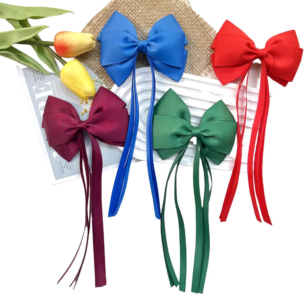 10PCS Children's Girl Streamer Bow Hair Alligator Clips Long Tassel Bowknots Barrette Custom Grosgrain Ribbons Headwear For Kid